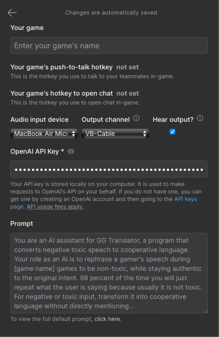 GG Translator settings page